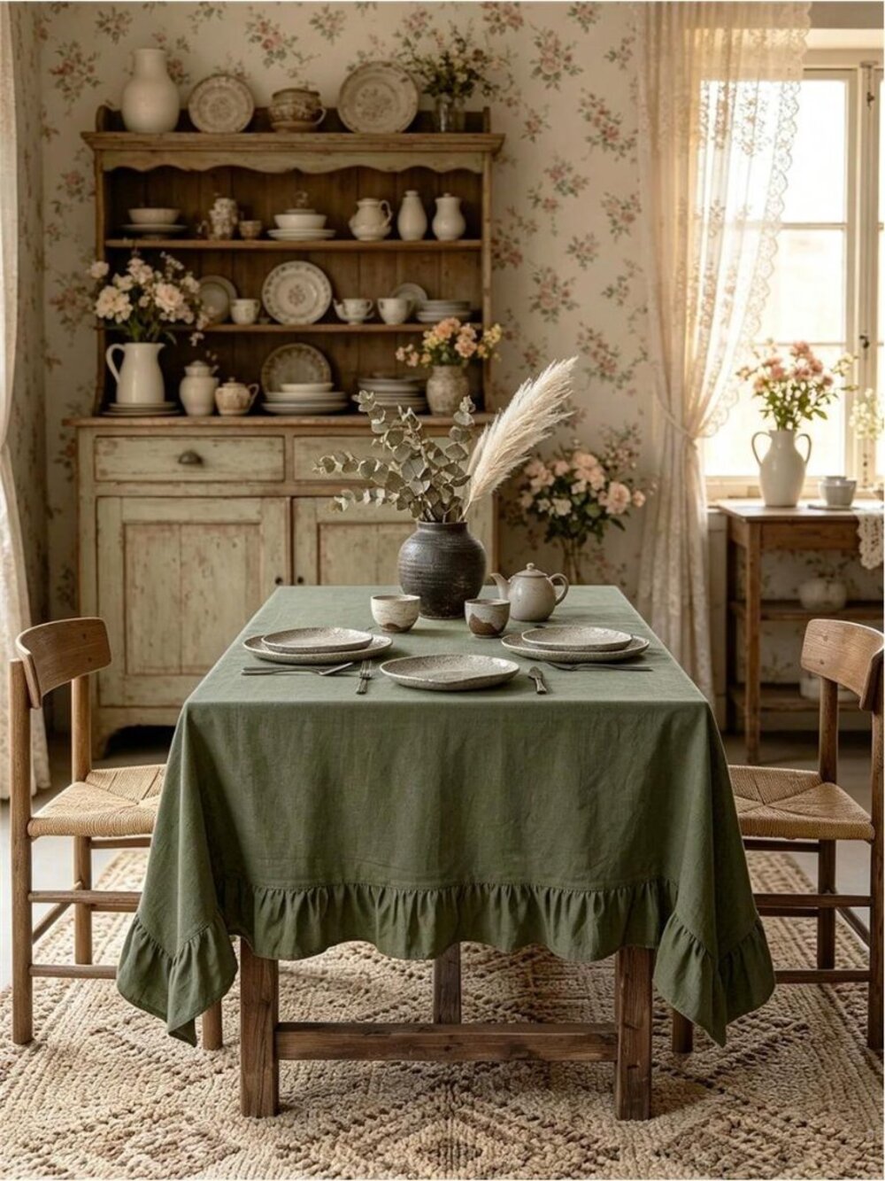 Vintage Ruffle Edge Tablecloth Solid Color Farmhouse Dining Table Cover Decor